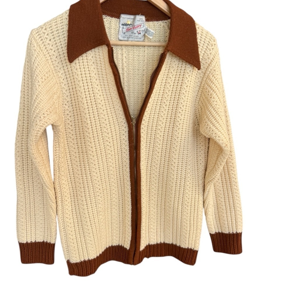 Sun Valley L vintage Cream and Brown Knit Women's Cardigan 100 percent wool EVC